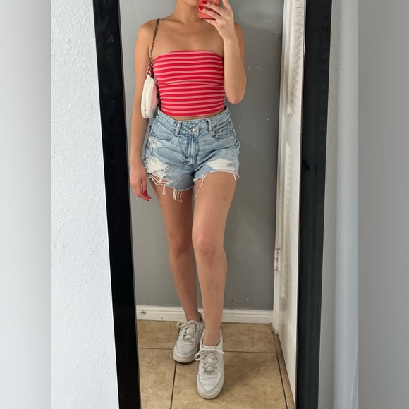 Red striped strapless stretchy cropped tube top XS | Y2K casual summer model off - Picture 1 of 11
